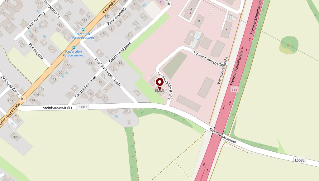 Kartenausschnitt mit dem Firmensitz der Spenglerei EMMI in der Kirchenfelderstraße 1 in St. Pölten-Ratzersdorf